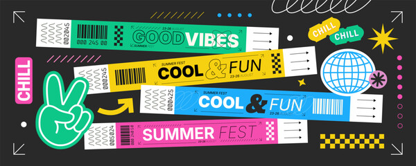 Y2K Summer Festival Wristbands Stickers Set Good Vibes Cool Fun Text Graphics Neon Color Badges Tickets Barcodes Party Elements Vector Illustration © oksanagrytsyuk