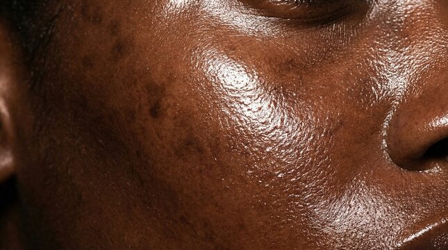 Extreme close up of dark skin with hyperpigmentation and oily texture. Represents real skin concerns and dermatological health. Perfect for skincare advertisements or medical articles.