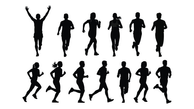 A group of silhouetted people are depicted running and exercising outdoors