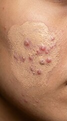 Fototapeta premium Close-up of foundation applied over severe acne and pimples on a face. It highlights the struggle of sensitive skin and the attempt to mask imperfections. Ideal for dermatology or beauty blogs.