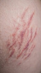 Fototapeta premium Close-up view of red and purple stretch marks on light skin. Represents skin changes and body reality. Ideal for medical, dermatology, or body positivity content.