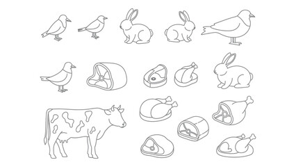 Fototapeta premium Line drawing of animals meat products and farm elements in a simple style