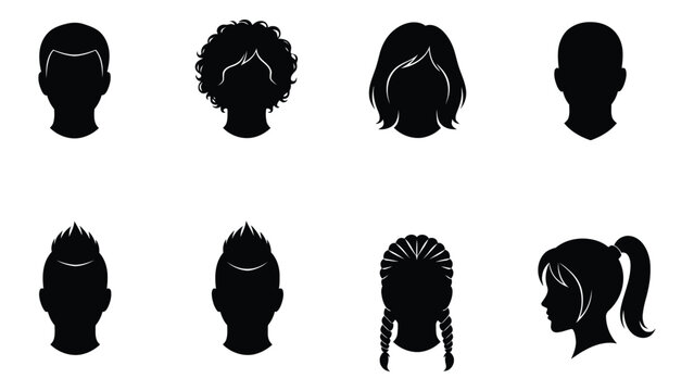 Silhouettes of diverse hairstyles displayed as black shapes against a white background