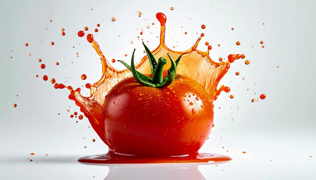 A vibrant red tomato bursting with juicy splash droplets frozen midair against a clean white background