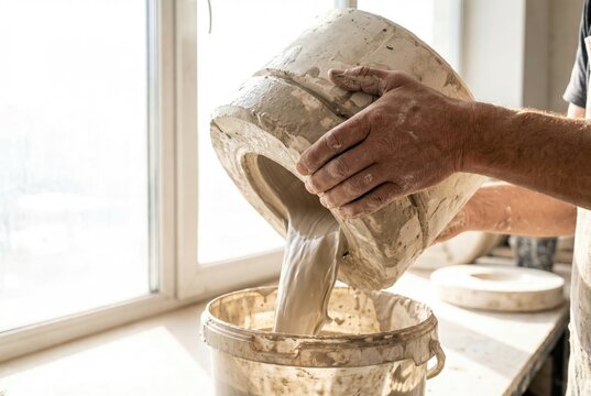 Hands pouring thick liquid clay slip from a heavy plaster mold into a large plastic bucket