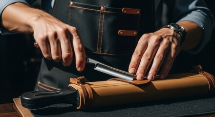 Fototapeta premium Craftsman honing straight razor on leather strop in workshop