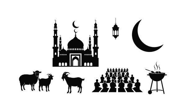 Islamic holiday elements set vector illustration with mosque congregational prayer and bbq