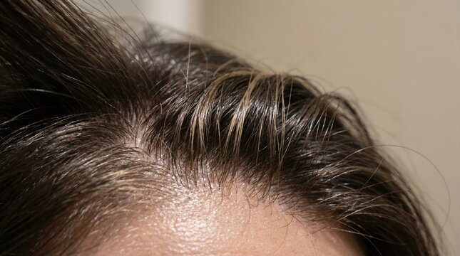 Macro shot of oily hair roots and forehead skin. This image highlights greasy scalp issues and sebum production. Perfect for dermatology or hair care marketing materials.