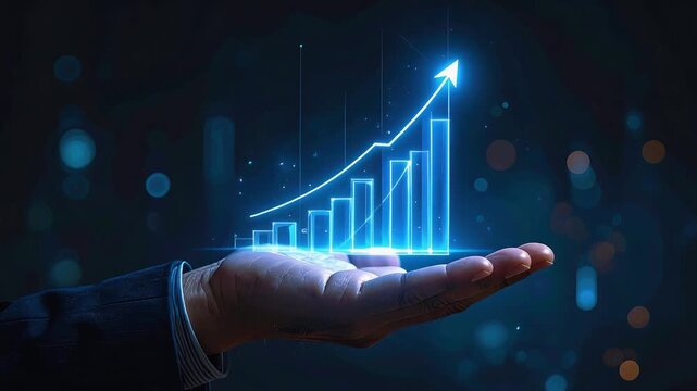 Hand holding blue glowing growth chart symbolizing financial success data driven strategy and business expansion