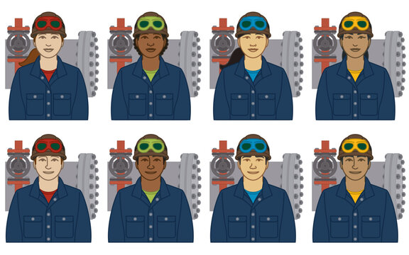 diversity, race, ethnicity of boilermaker vector icons, male and female, wearing hard hat and coveralls, including heavy-metal boiler, isolated on a white background