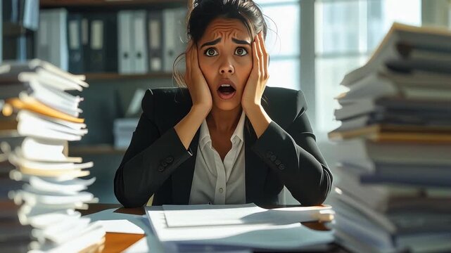 Office worker surrounded by stacks of files touching head symbolizing administrative burden and mental pressure