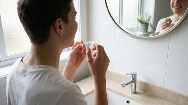 Young man holding transparent orthodontic aligner before mirror. Dental care and teeth straightening routine. Perfect for healthcare and lifestyle content.