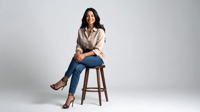 Woman sitting on stool in studio posing confidently representing fashion lifestyle and personal style portrait