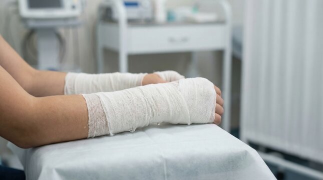 Patient hands wrapped white gauze bandages. Suggests recovery from skin treatment or injury in sterile clinic. Use for healthcare or dermatology topics.