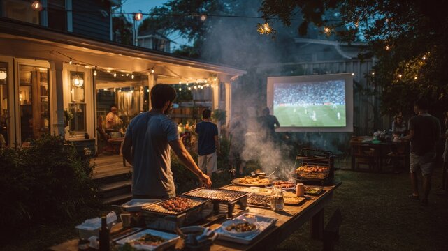 Outdoor backyard barbecue party with friends watching a soccer game on a projector screen