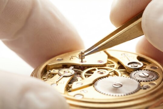 Watchmaker wearing gloves and using tweezers to place a tiny hairspring into a mechanical watch movement