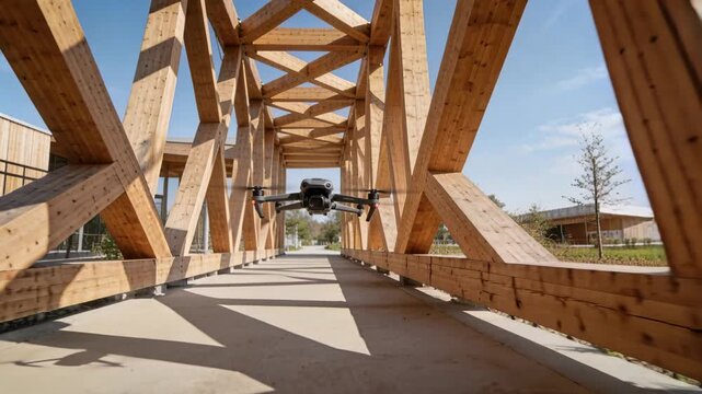 Flying compact quadcopter drone moving forward along truss bridge, camera gimbal, pilot commanding