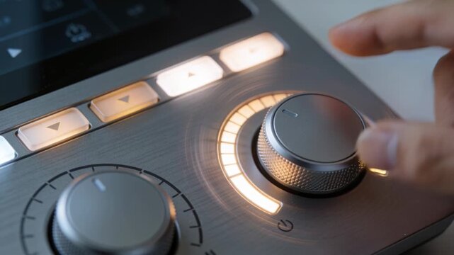 Adult hand entering from right, turning metal knob clockwise, LED arc confirming audio level