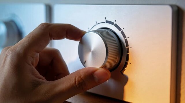 Vertical video: Nearing bare hand gripping and turning metal knob on brushed panel, changing level