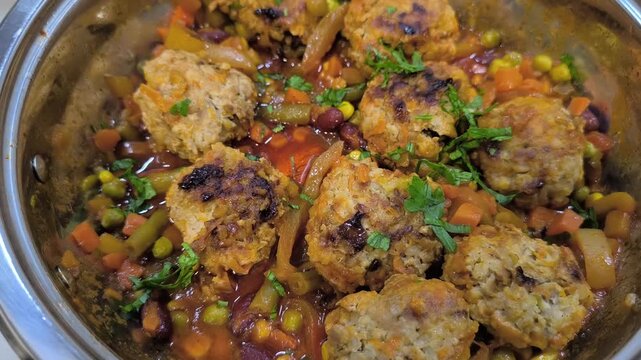 Crispy vegetable cutlets. A close-up of homemade vegetable cutlets cooked in a frying pan: delicious, healthy, and mouth-watering.