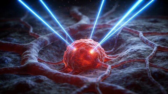 Descending three blue beams striking central red round mass in matrix with vessels, causing heating