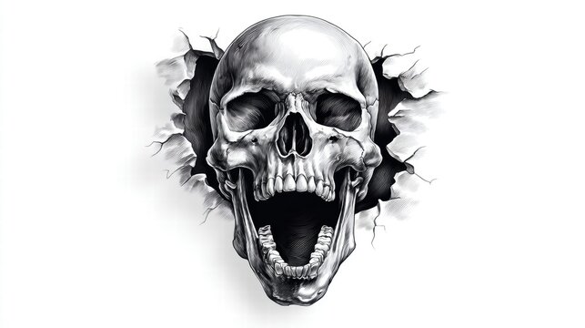 A detailed black and white illustration of a skull bursting through a torn surface.
