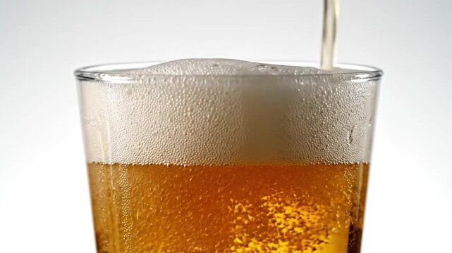 Close-up of golden beer pouring into a glass with a foamy head against a bright background