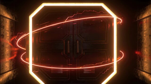 Pulsing octagon portal forming red energy ring from left pulse, powering metal doors in corridor