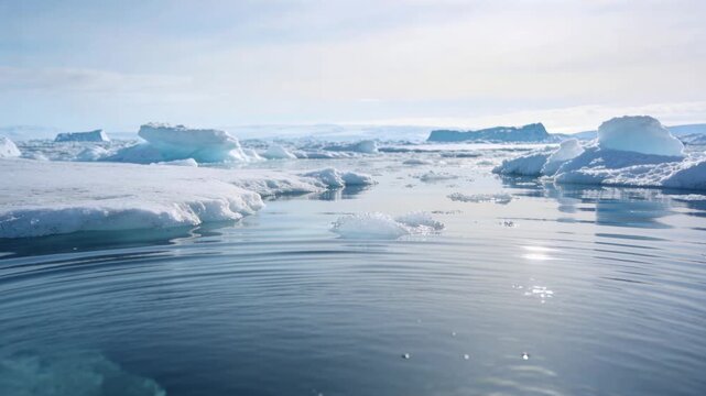 Rippling disturbance forming concentric rings on polar sea, scattering by ice floes, reflecting sun