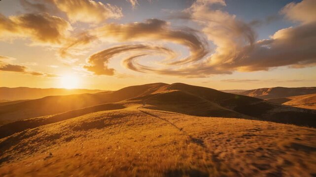 Moving camera revealing central ridge of rolling grass, winding footpath, spiral cloud to frame sun