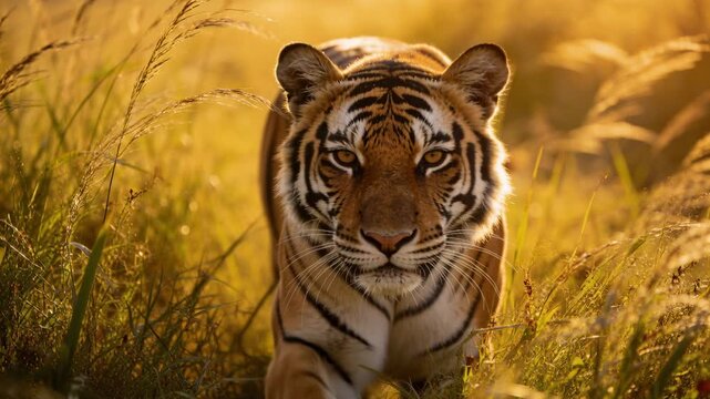 Glowing sun drawing adult tiger walking toward camera along narrow grass path, showing rim light