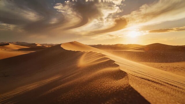 Tracking shot following serrated dune crest in desert, wind lifting sand, revealing tire tracks