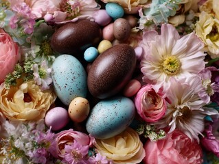 Naklejka premium Colorful Eggs Placed Among Various Flowers for a Spring Celebration