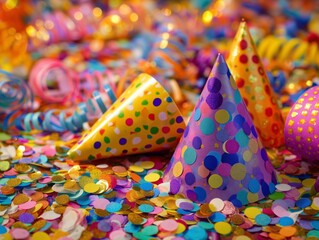 Naklejka premium Colorful Party Hats and Confetti Scattered on the Table During a Celebration Event