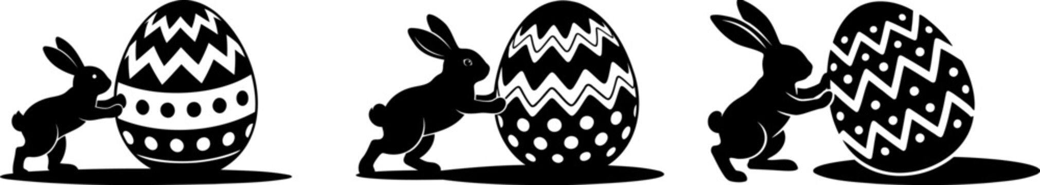 Easter bunny silhouettes pushing large decorated eggs with chevron and polka dot patterns, set of three.