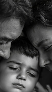 A black and white photo of a woman holding a child, conveying a sense of intimacy and family bonding