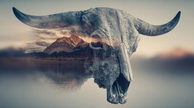 The juxtaposition of a bull skull and a stunning mountain scene creates a surreal and breathtaking image.