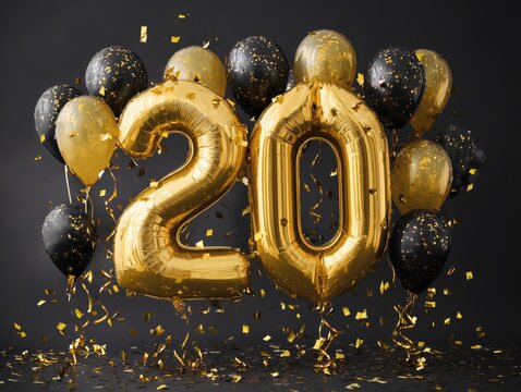 Celebration of a 20th Birthday With Black and Gold Balloons and Confetti in a Festive Setting