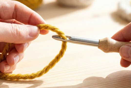 Hand threading bright yellow yarn into the metal eye of a wooden punch needle tool