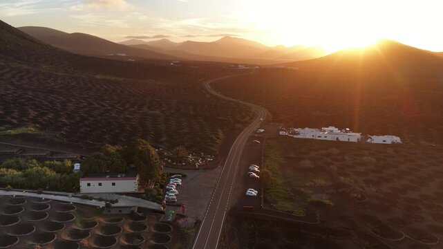 Lanzarote volcanic vineyards sunset aerial view La Geria