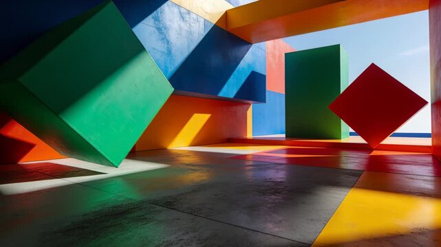 Vertical video: Entering green cube settling in pavilion, nudging red diamond, shifting monolith