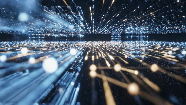 An abstract blue digital network radiates with glowing connection points as AI-powered data flows and global communication pathways pulse through a futuristic technology infrastructure.