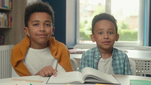 Two African American little boys pupils learning reading book subject back to school ethnic kids children read literature smiling looking at camera smile schoolwork classmates schoolchildren learn