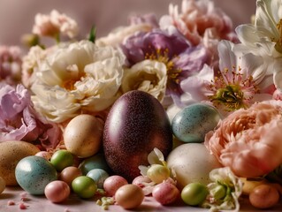 Naklejka premium Colorful Easter Eggs Surrounded by Flowers on a Soft Surface During Spring Celebration