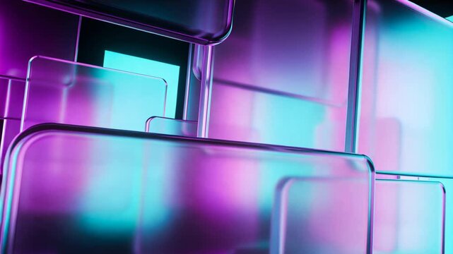 Vertical video: Sequence opening, glass panels sliding in 3D, shifting cyan magenta light for depth