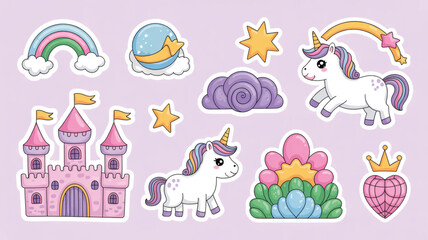 Cute fantasy castle with rainbow and unicorn sticker set for kids design © Jnmpt