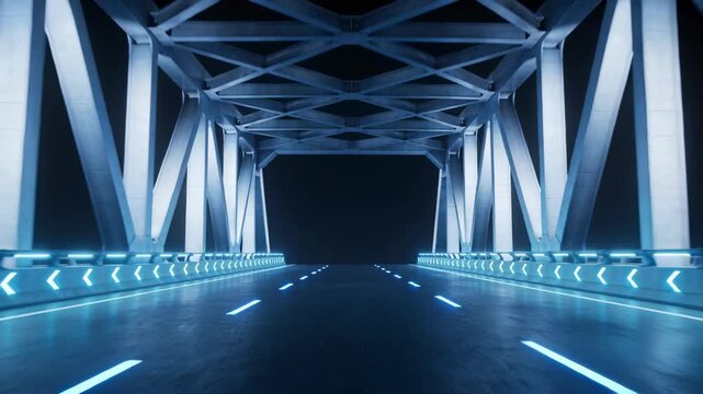 Advancing camera capturing lit bridge road at night, showing steel truss and blue LED chevrons
