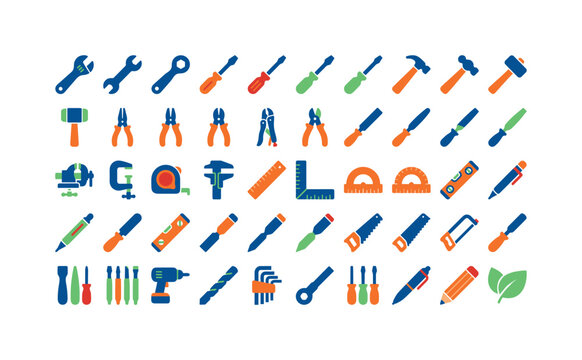 Collection of colorful flat icons representing various metalworking and construction tools