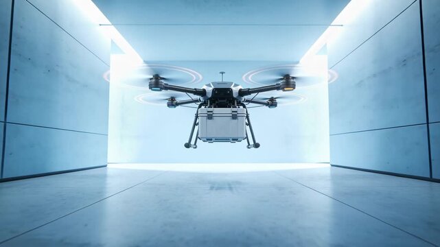 Approaching multirotor drone spinning rotors, moving into test chamber carrying cargo for delivery