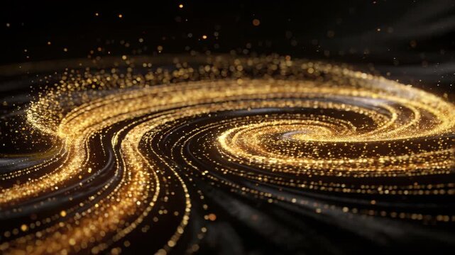 Accelerating from specks, golden particle ribbons curling into right spiral on dark cloth bokeh